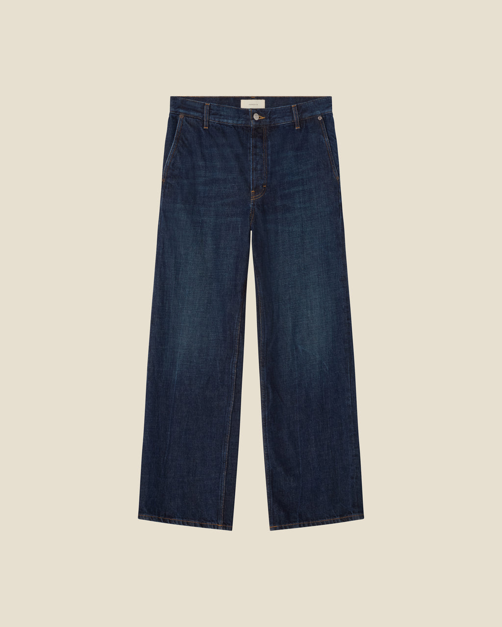 Genua Chino Dark Blue Selvedge flat (beige background)